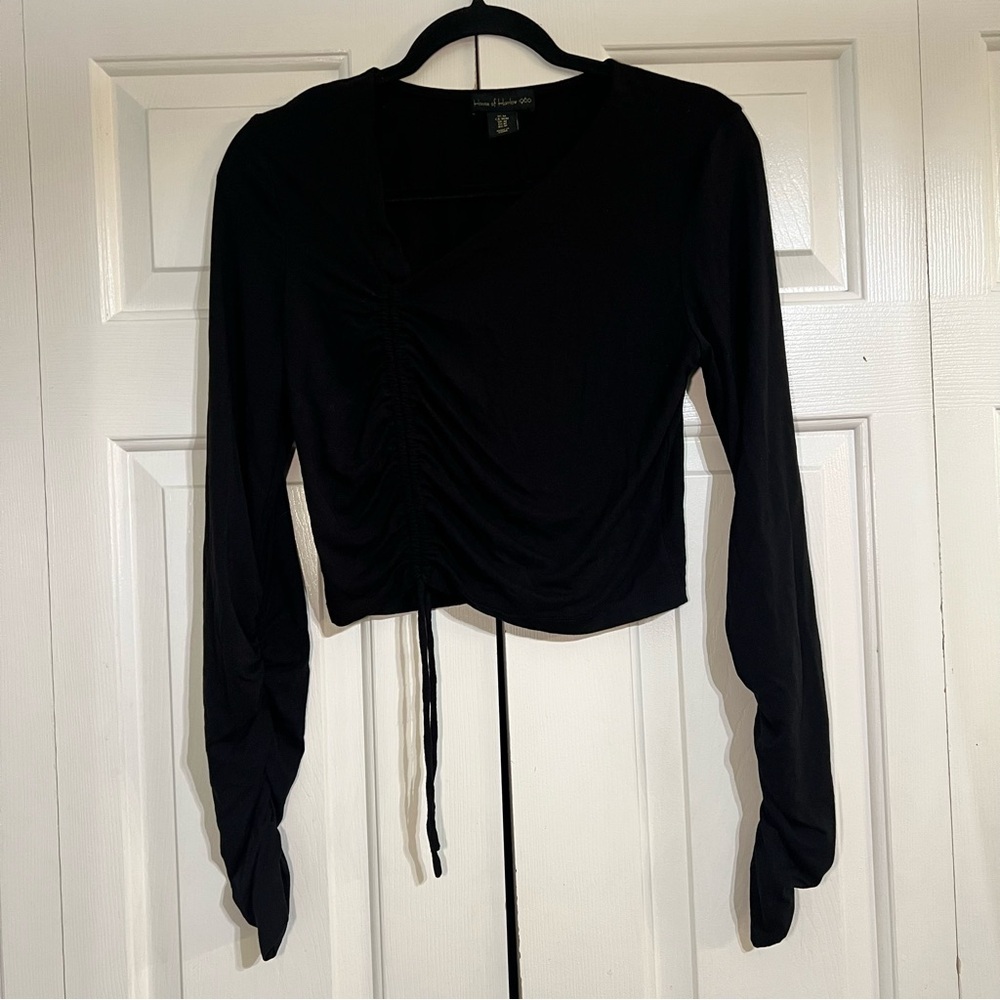 House of Harlow 1960 Black Ruched Asymmetrical Crop Top Long Sleeve Medium - Picture 3 of 7